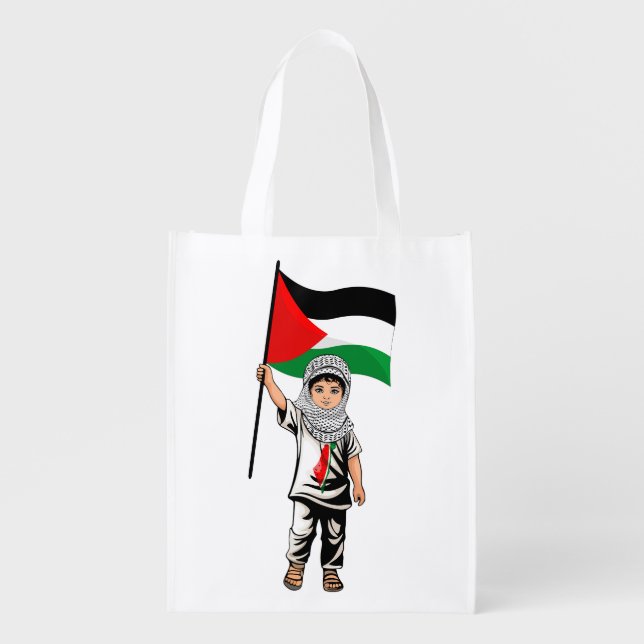 Child with Keffiyeh Palestine Flag and Olive Tree  Grocery Bag (Front)