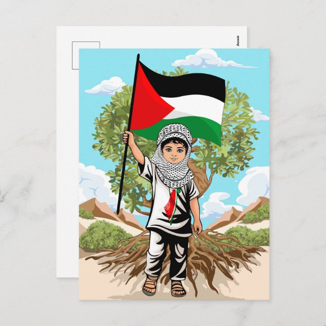 Child with Keffiyeh Palestine Flag and Olive Tree  Holiday Postcard (Front/Back)