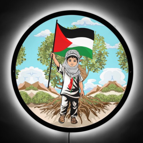 Child with Keffiyeh Palestine Flag and Olive Tree  LED Sign