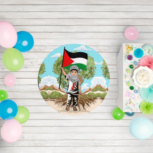 Child with Keffiyeh Palestine Flag and Olive Tree  Outdoor Rug