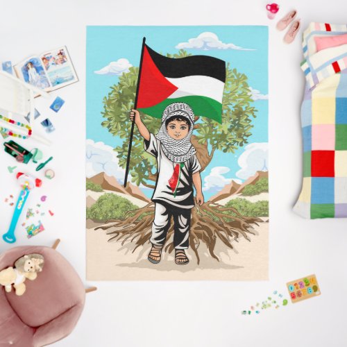 Child with Keffiyeh Palestine Flag and Olive Tree  Outdoor Rug