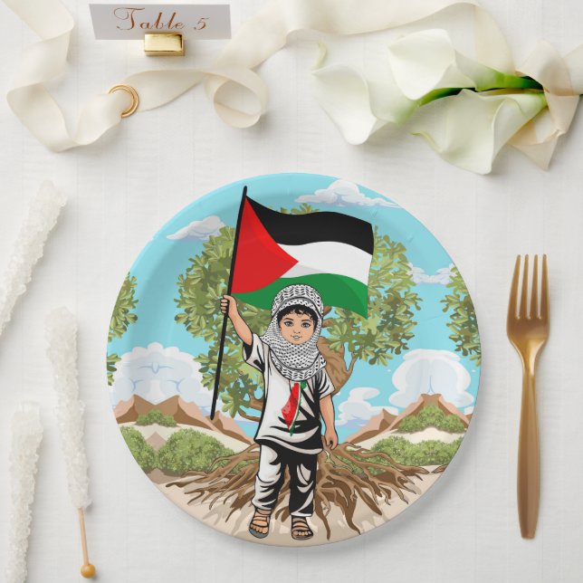 Child with Keffiyeh Palestine Flag and Olive Tree  Paper Plates (Wedding)