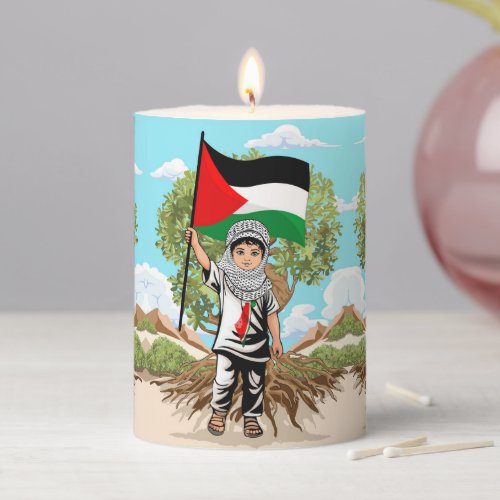 Child with Keffiyeh Palestine Flag and Olive Tree  Pillar Candle