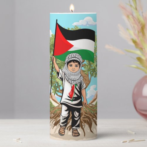 Child with Keffiyeh Palestine Flag and Olive Tree  Pillar Candle