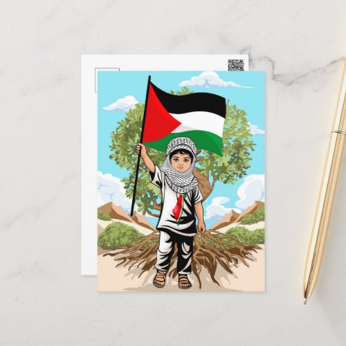 Child with Keffiyeh Palestine Flag and Olive Tree  Postcard
