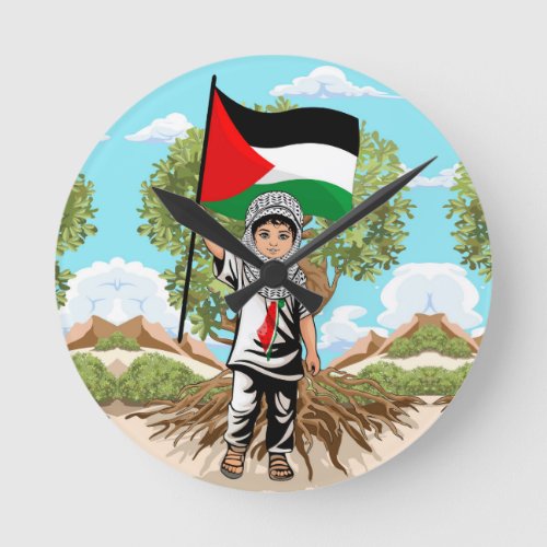 Child with Keffiyeh Palestine Flag and Olive Tree  Round Clock