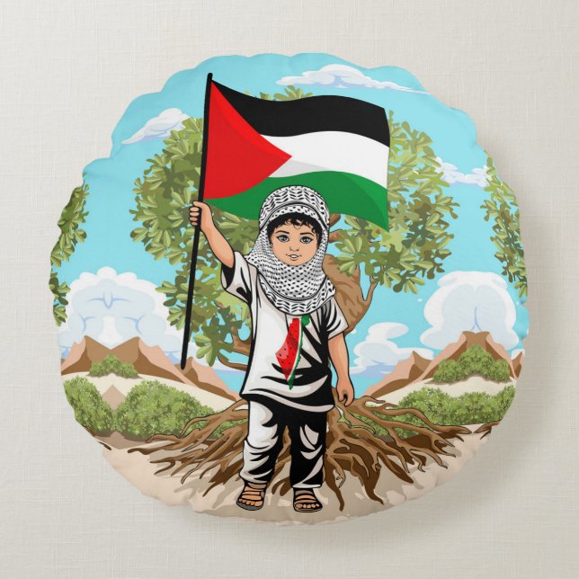Child with Keffiyeh Palestine Flag and Olive Tree  Round Pillow (Front)