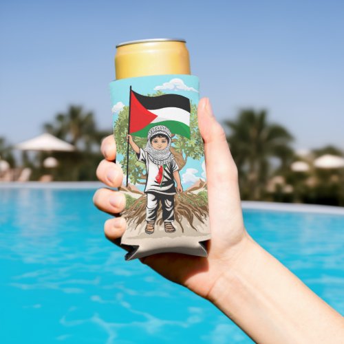 Child with Keffiyeh Palestine Flag and Olive Tree  Seltzer Can Cooler