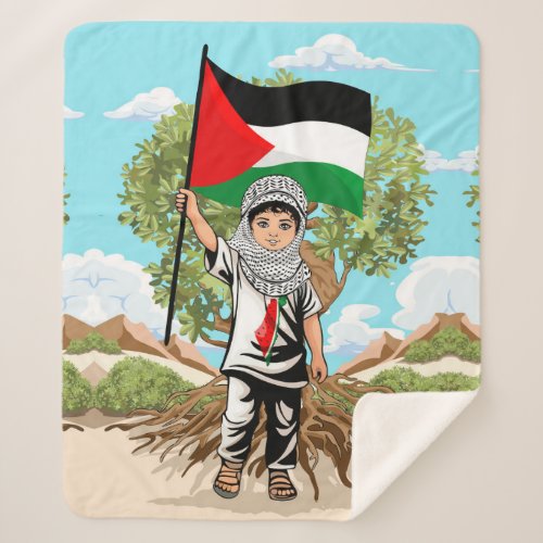 Child with Keffiyeh Palestine Flag and Olive Tree  Sherpa Blanket