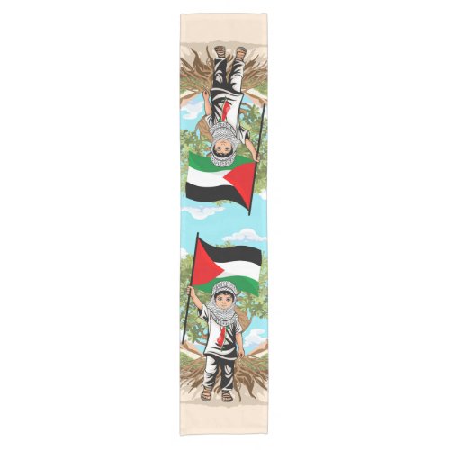 Child with Keffiyeh Palestine Flag and Olive Tree  Short Table Runner