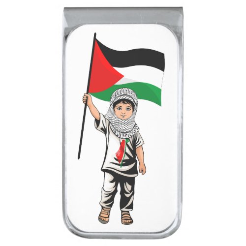 Child with Keffiyeh Palestine Flag and Olive Tree  Silver Finish Money Clip