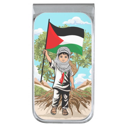 Child with Keffiyeh Palestine Flag and Olive Tree  Silver Finish Money Clip