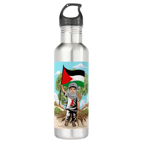 Child with Keffiyeh Palestine Flag and Olive Tree  Stainless Steel Water Bottle