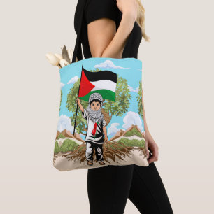 Child with Keffiyeh Palestine Flag and Olive Tree Tote Bag