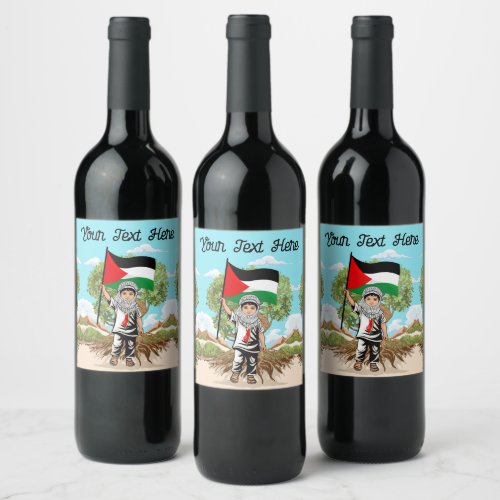 Child with Keffiyeh Palestine Flag and Olive Tree  Wine Label