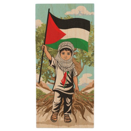 Child with Keffiyeh Palestine Flag and Olive Tree  Wood Flash Drive