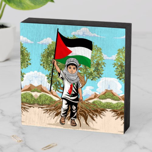 Child with Keffiyeh Palestine Flag and Olive Tree  Wooden Box Sign