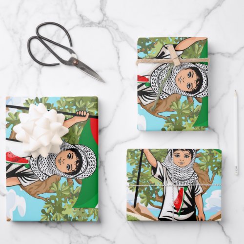 Child with Keffiyeh Palestine Flag and Olive Tree  Wrapping Paper Sheets