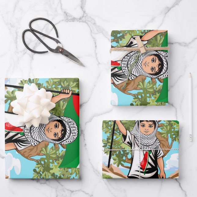 Child with Keffiyeh Palestine Flag and Olive Tree  Wrapping Paper Sheets (Front)