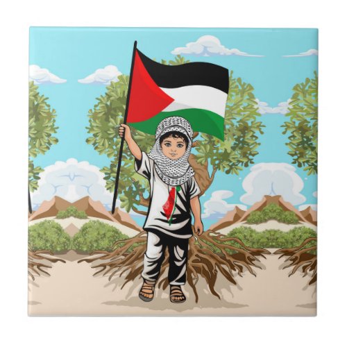 Child with Keffiyeh Palestine Flag  Ceramic Tile