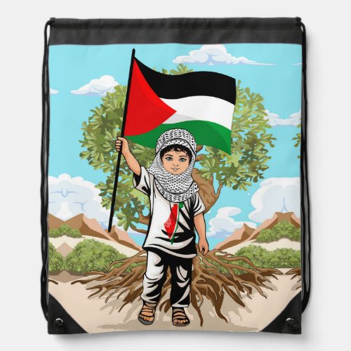 Child with Keffiyeh Palestine Flag  Drawstring Bag