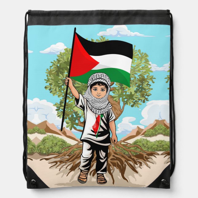 Child with Keffiyeh Palestine Flag  Drawstring Bag (Front)