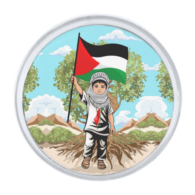 Child with Keffiyeh Palestine Flag  Silver Finish Lapel Pin (Front)