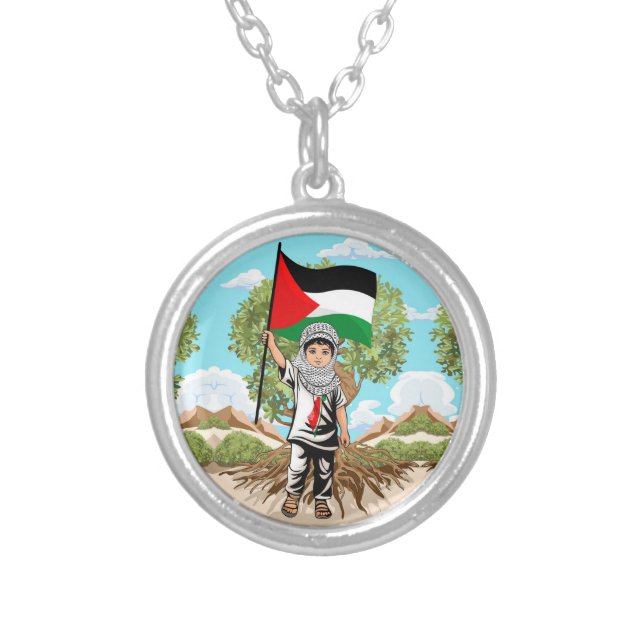Child with Keffiyeh Palestine Flag  Silver Plated Necklace (Front)