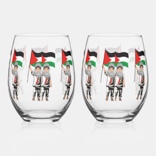 Child with Keffiyeh Palestine Flag  Stemless Wine Glass