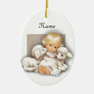 Child with lamb ceramic ornament
