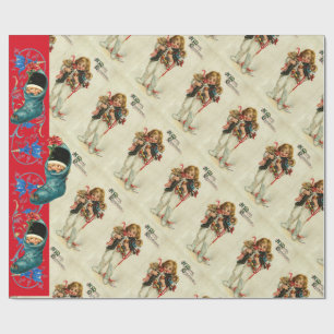 CHILD WITH TOYS ,CHRISTMAS STOCKINGS AND GIFTS WRAPPING PAPER