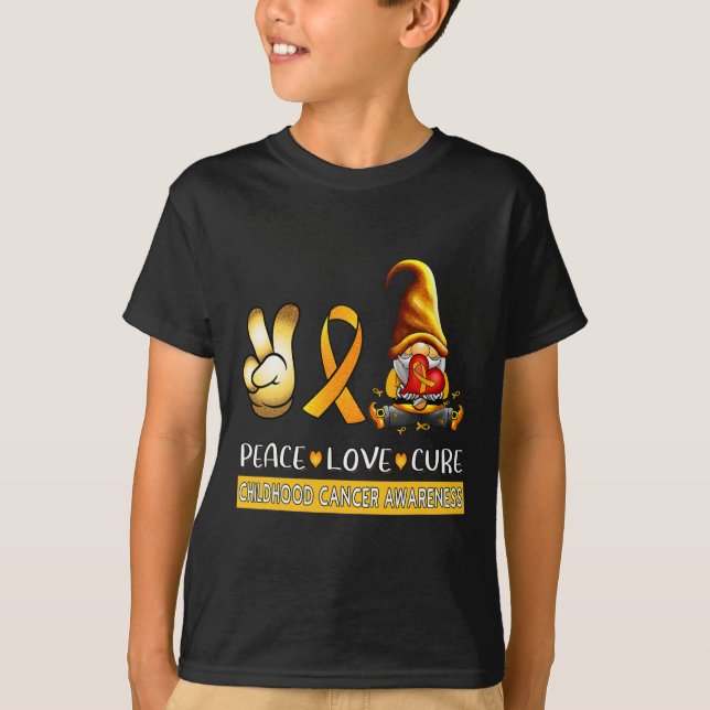 Childhood Cancer Awareness Ribbon Peace Love Cure  T-Shirt (Front)