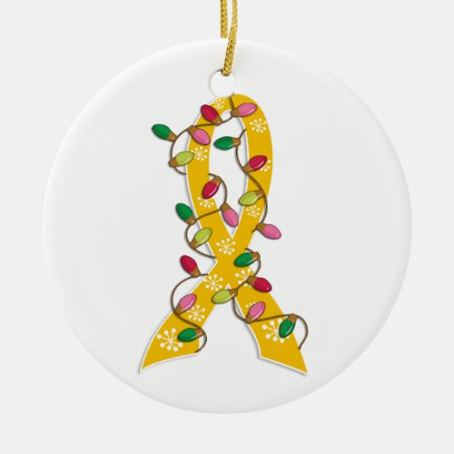 Childhood Cancer Christmas Lights Ribbon Ceramic Ornament