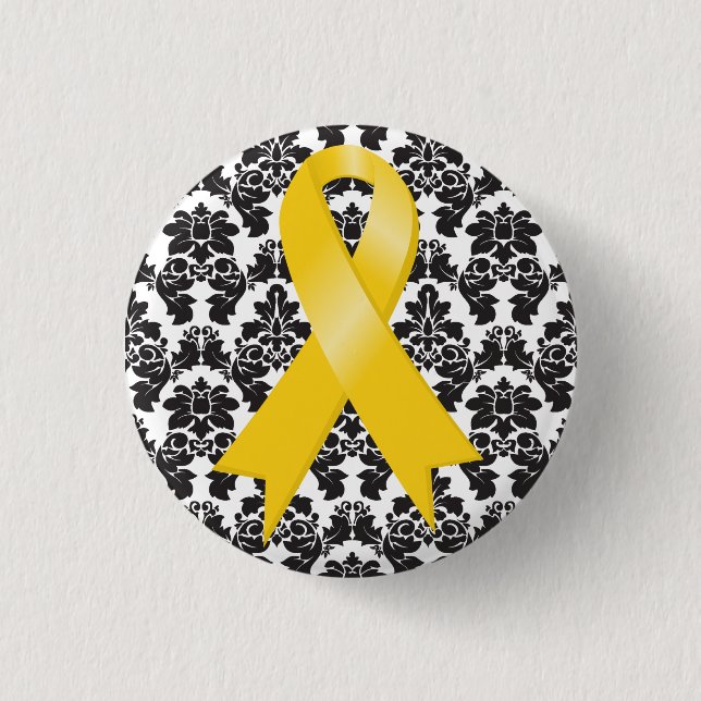 Childhood Cancer Damask Gold Ribbon Pinback Button (Front)