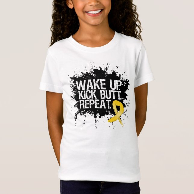 Childhood Cancer Wake Up Kick Butt Repeat T-Shirt (Front)