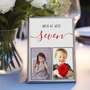 Childhood Photos Age 7 Modern Red Script Wedding Table Number