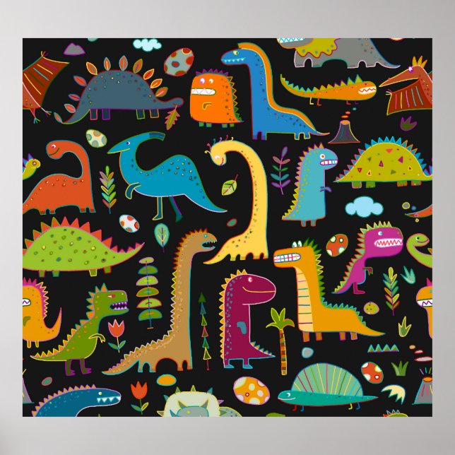 Childish Dinosaurs: Fun Seamless Pattern Poster (Front)