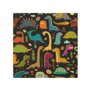 Childish Dinosaurs: Fun Seamless Pattern Wood Wall Art