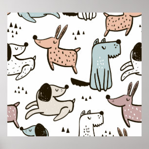 Childish dogs, hand drawn, trendy pattern. poster