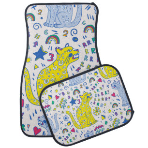 childish pattern with tiger, letters, rainbows, car floor mat