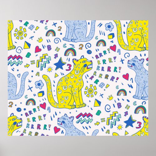 childish pattern with tigerlettersrainbowsnumbe poster