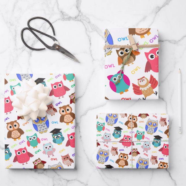 Childish seamless pattern with cute owls on white  wrapping paper sheets (Front)