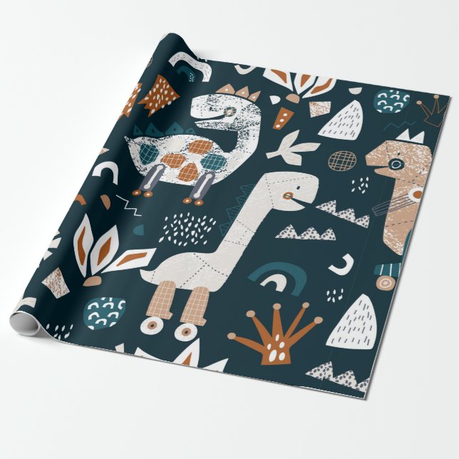 Childish seamless pattern with hand drawn dinosaur wrapping paper (Unrolled)