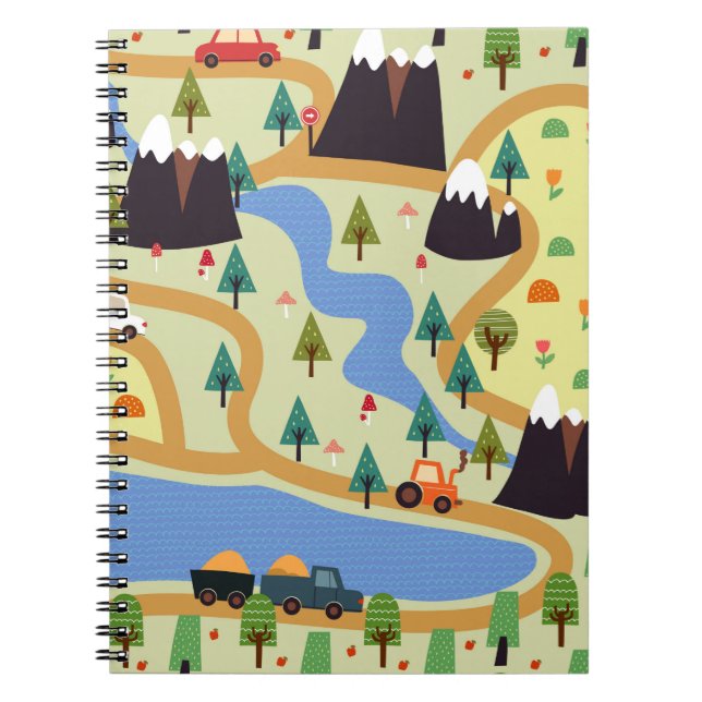 Childish seamless pattern with mountains, river, f notebook (Front)