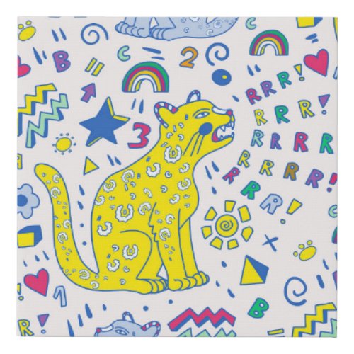 Childish Tiger and Rainbow Pattern Faux Canvas Print