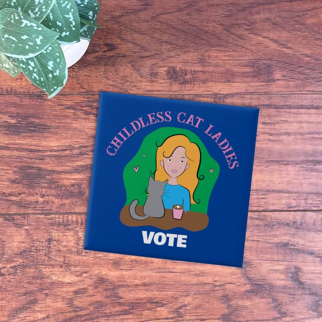 Childless Cat Ladies Vote Blue Square Button (Cute doodle childless cat ladies vote blue button . )