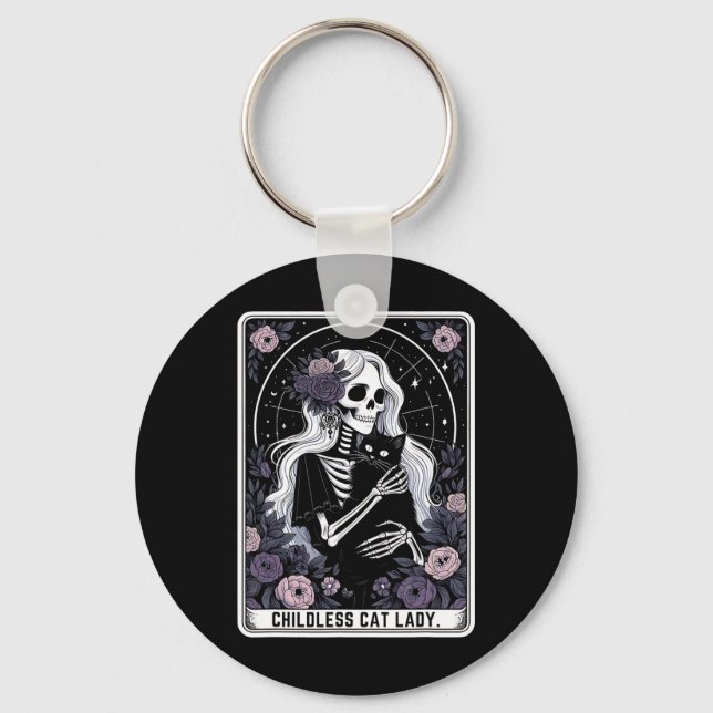Childless Cat Lady Cute Gothic Skeleton Tarot Card Keychain (Front)