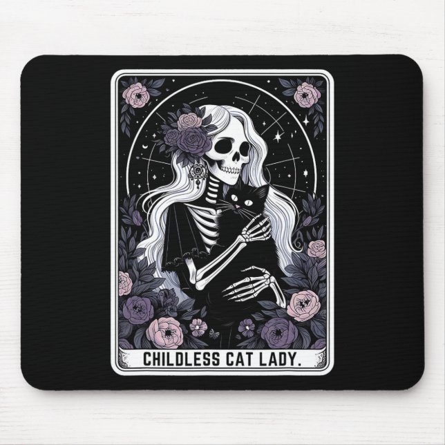 Childless Cat Lady Cute Gothic Skeleton Tarot Card Mouse Pad (Front)