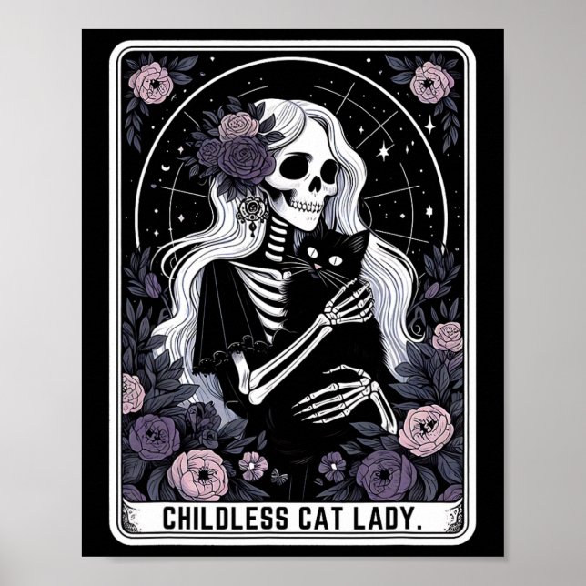 Childless Cat Lady Cute Gothic Skeleton Tarot Card Poster (Front)