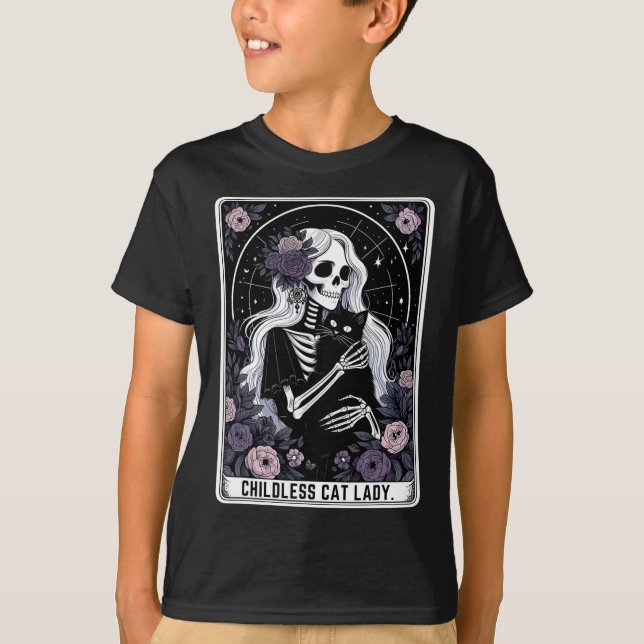 Childless Cat Lady Cute Gothic Skeleton Tarot Card T-Shirt (Front)